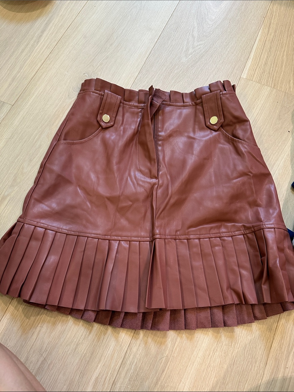 Zara Rust Faux Leather Pleated-Hem Skirt